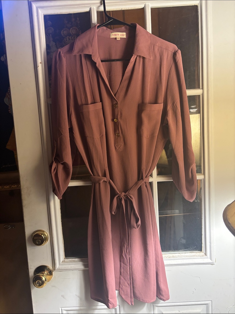 Source Unknown Rose Mauve Midi Shirt Dress with Tie Waist